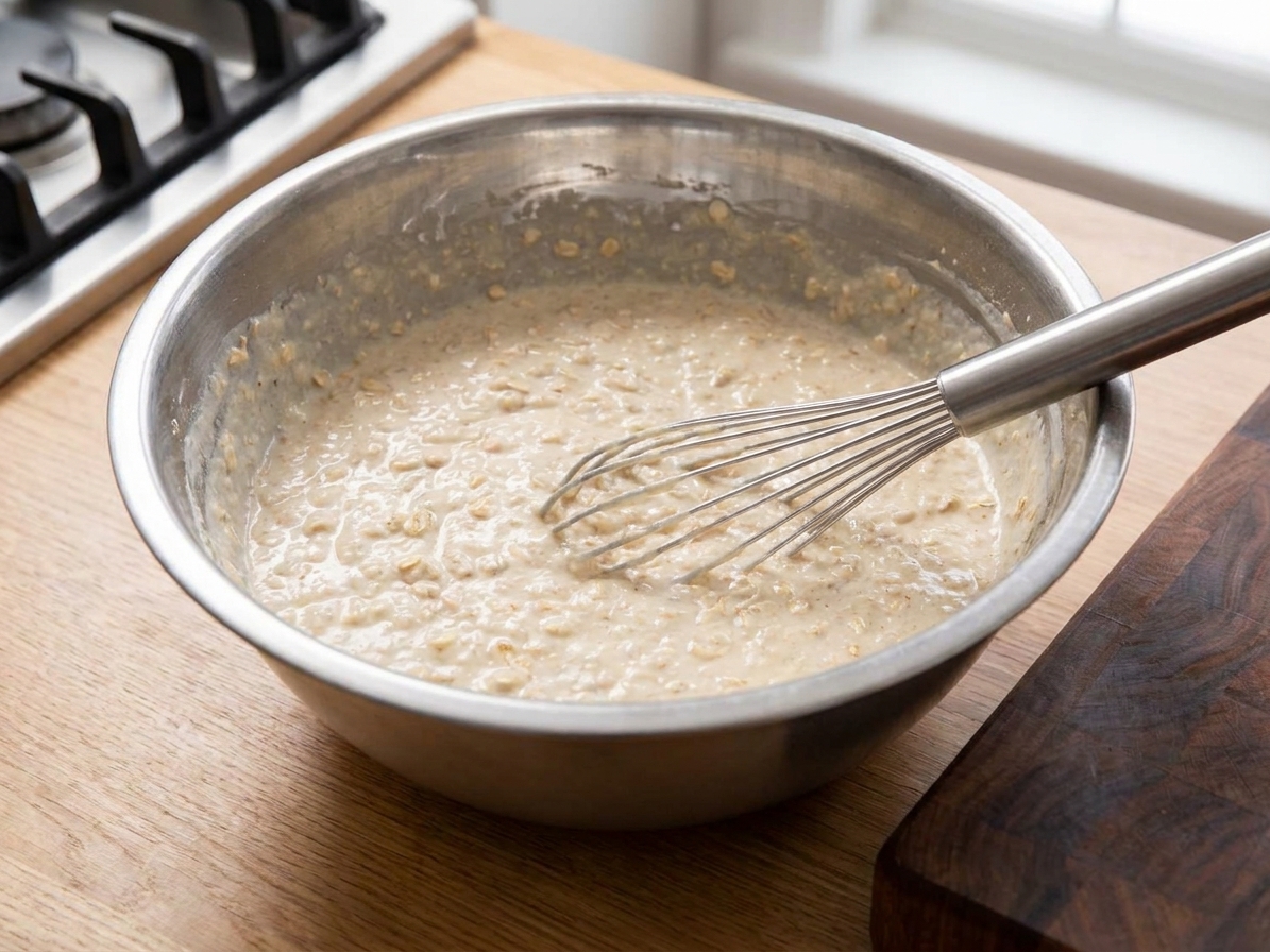 A bowl of oatmeal pancake batter with visible oat flecks and a whisk resting inside on a kitchen counter