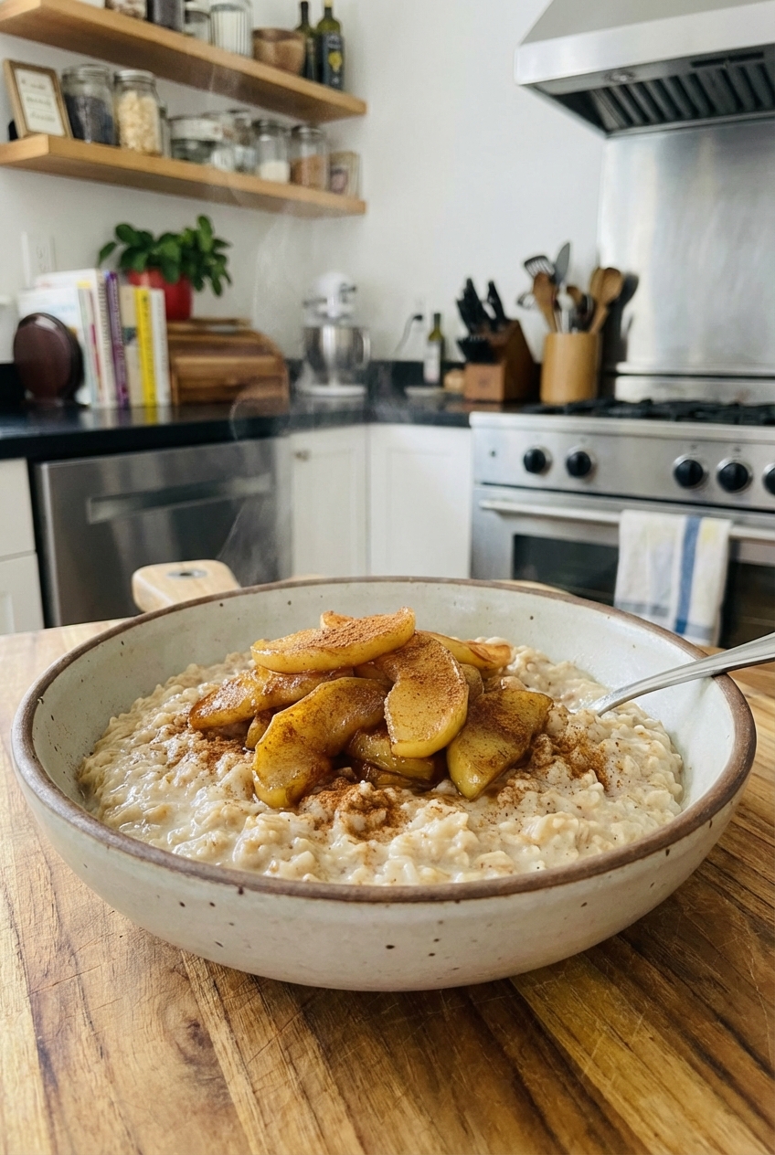 A bowl of oatmeal topped with fried apples and a sprinkle of cinnamon