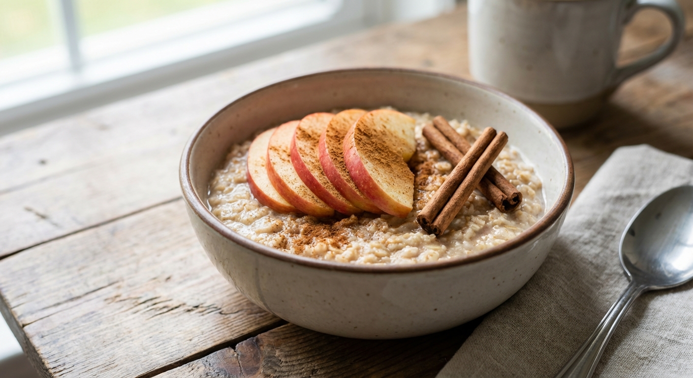 A bowl of oatmeal topped with sliced apples and cinnamon