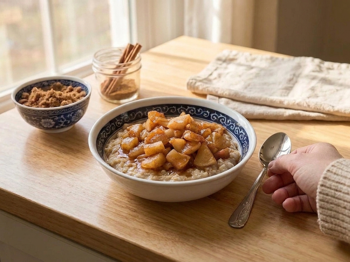 A bowl of oatmeal topped with warm stewed apples and cinnamon syrup, with a spoon resting on the side on a simple breakfast table setting