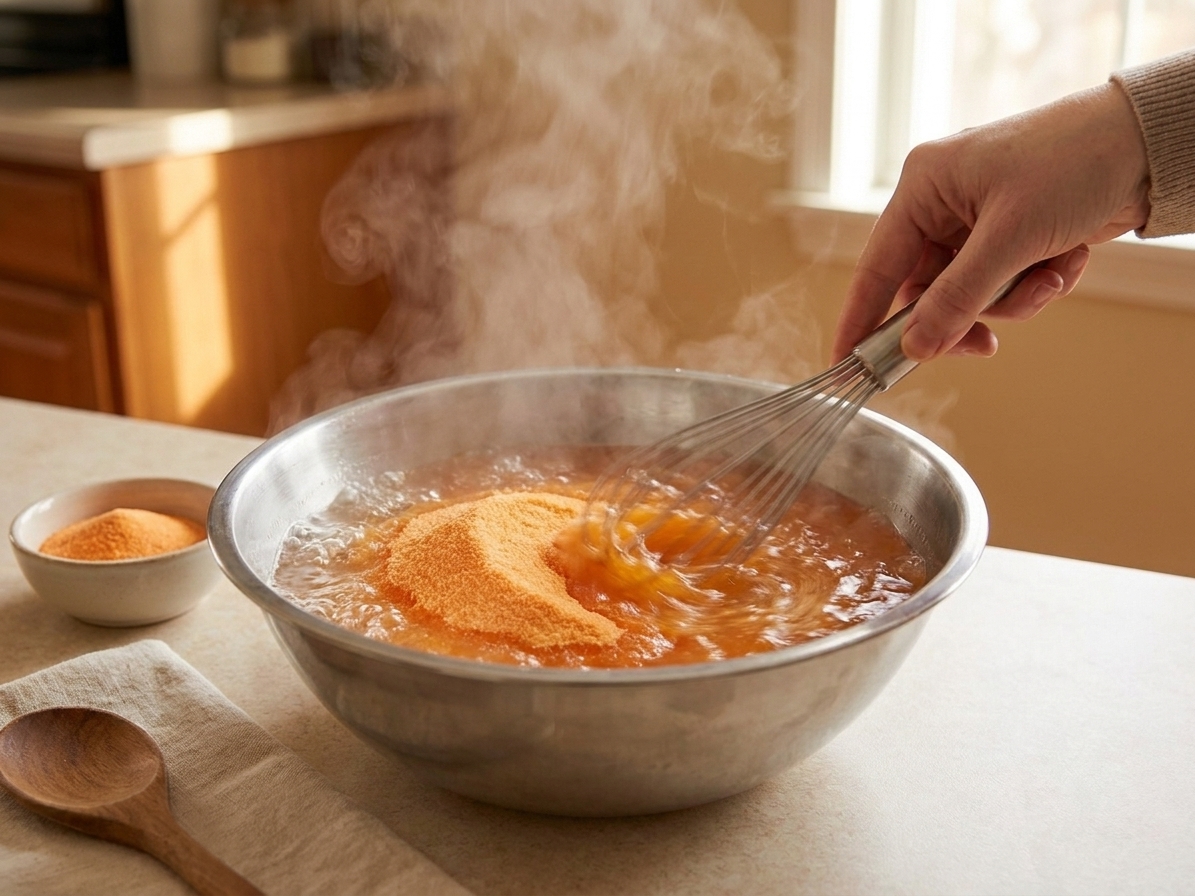 A bowl of orange gelatin powder being whisked into boiling water on a kitchen counter, with steam rising and a whisk in motion
