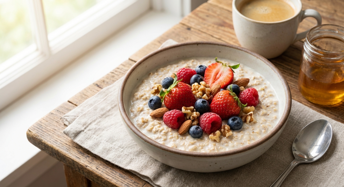 A bowl of overnight oats topped with berries and chopped nuts on a breakfast table