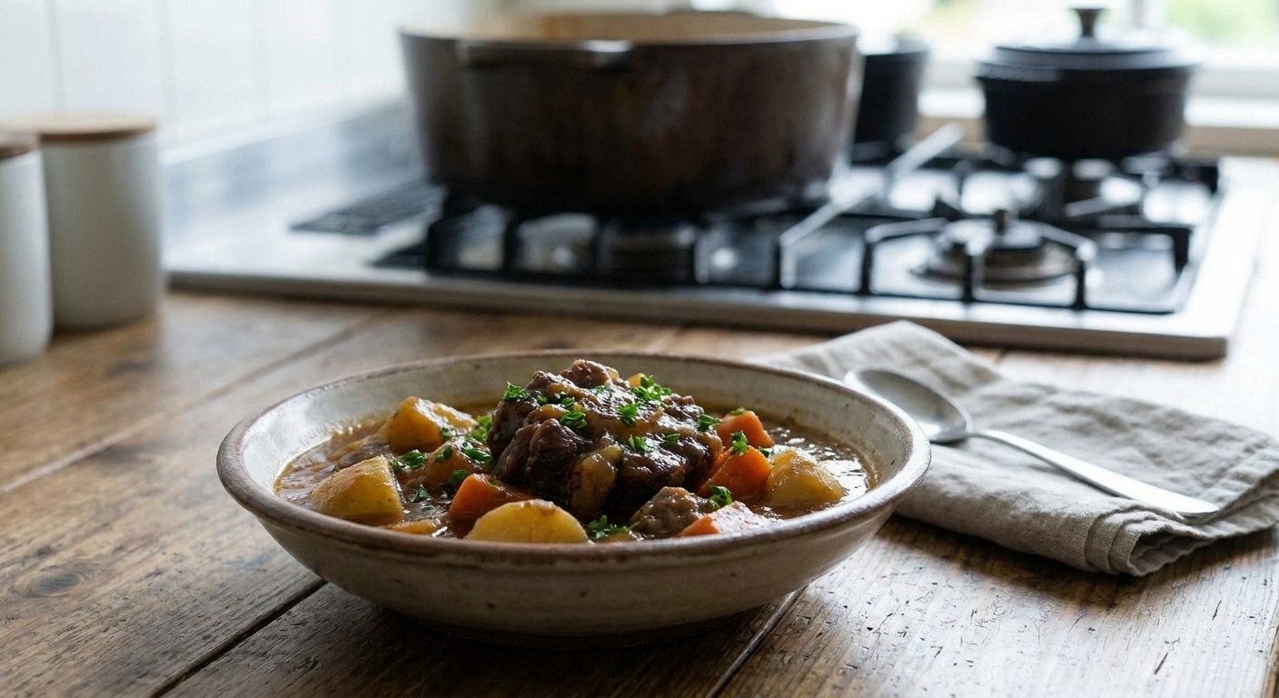 A bowl of oxtail stew served with potatoes and carrots in glossy gravy, garnished with parsley on a simple dinner table setting