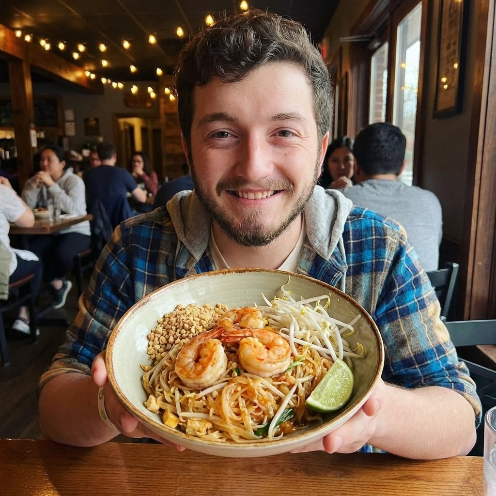 A bowl of pad thai with shrimp and crushed peanuts