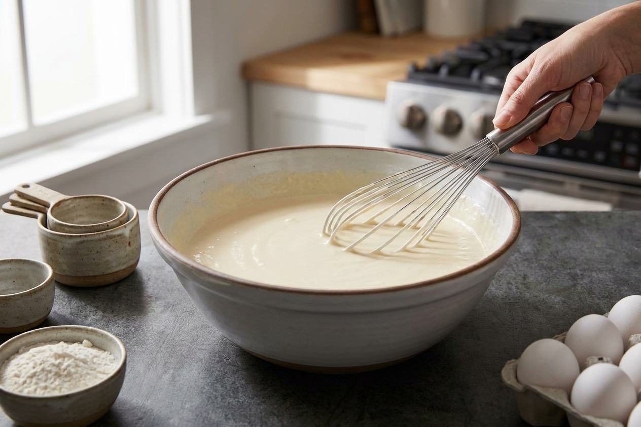 A bowl of pale Dutch baby batter being whisked smooth on a kitchen counter next to measuring cups