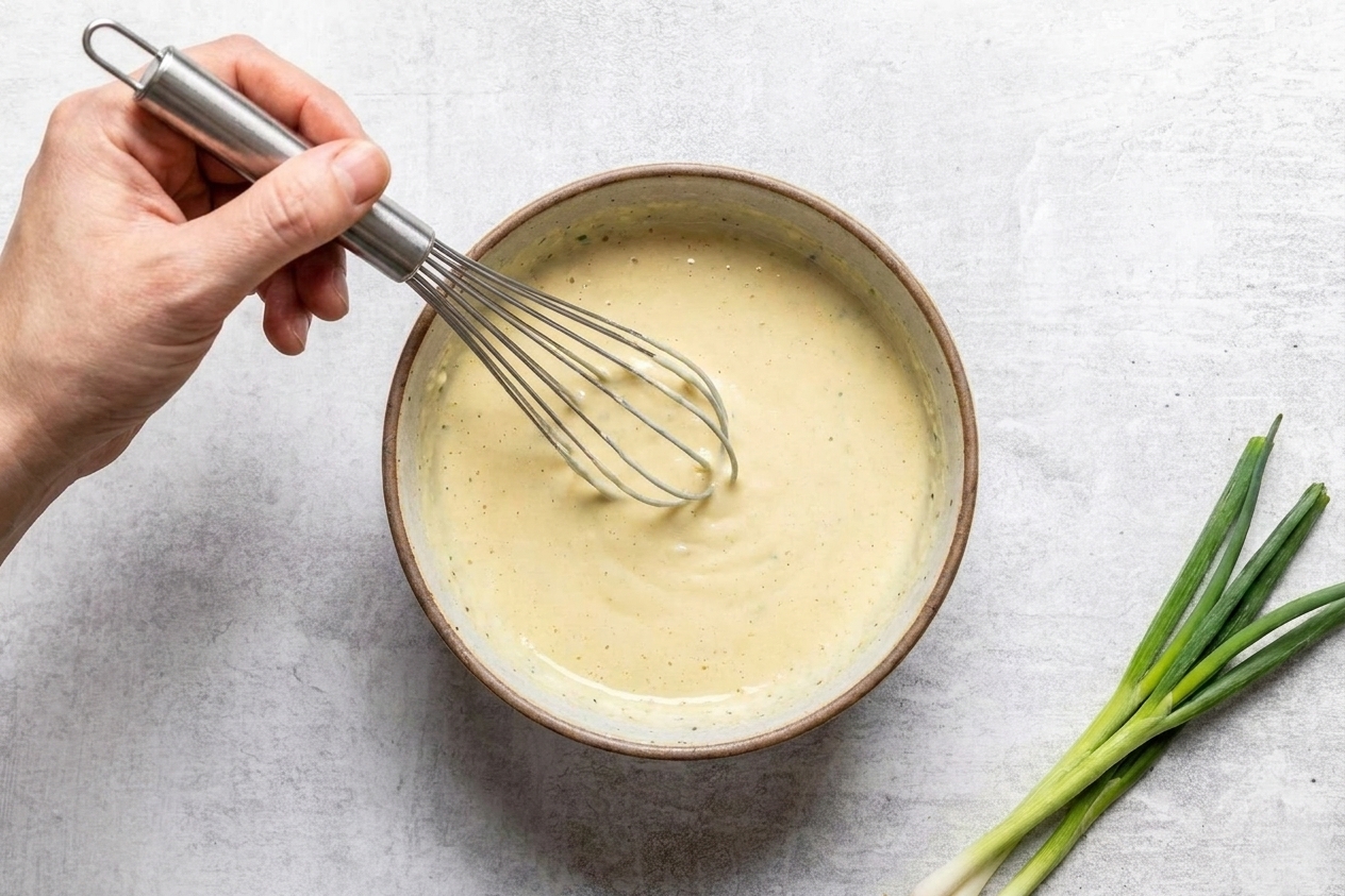 A bowl of pale batter being whisked smooth on a kitchen counter with scallions nearby