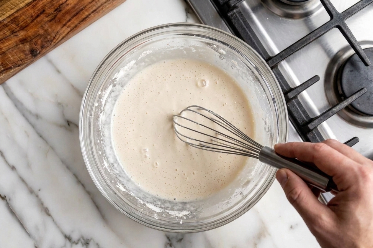 A bowl of pale beer batter being whisked smooth on a kitchen counter near the stovetop