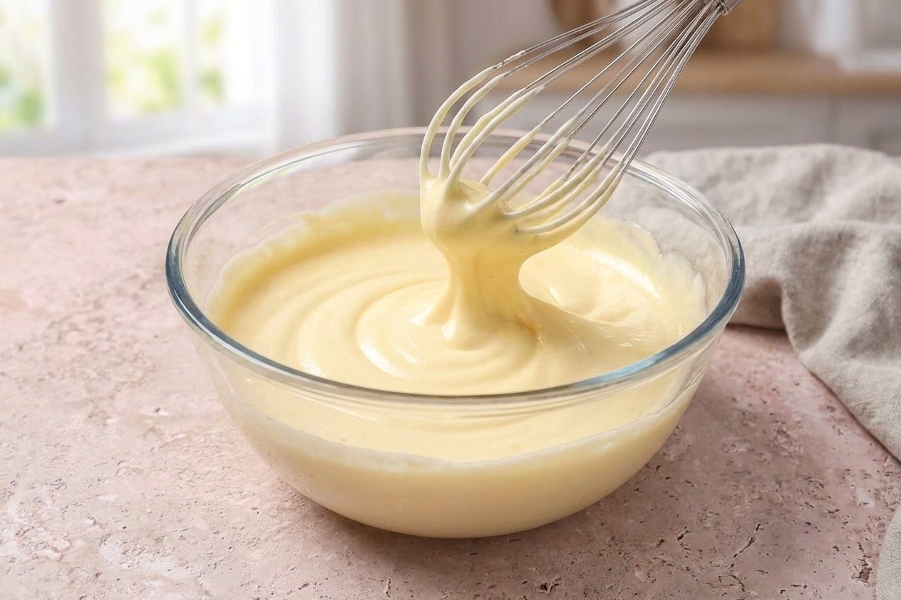A bowl of pale chiffon cake batter being whisked smooth on a light kitchen counter