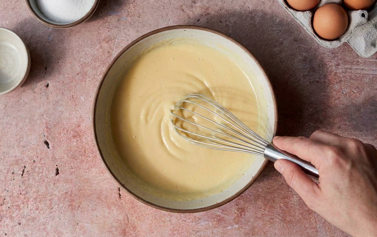 A bowl of pale custard mixture being whisked until smooth on a kitchen counter