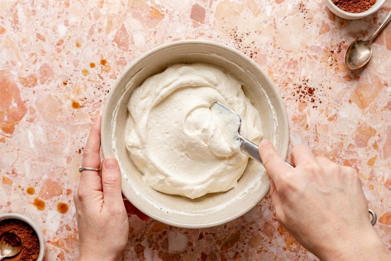 A bowl of pale, fluffy mascarpone cream being folded with a spatula on a kitchen counter
