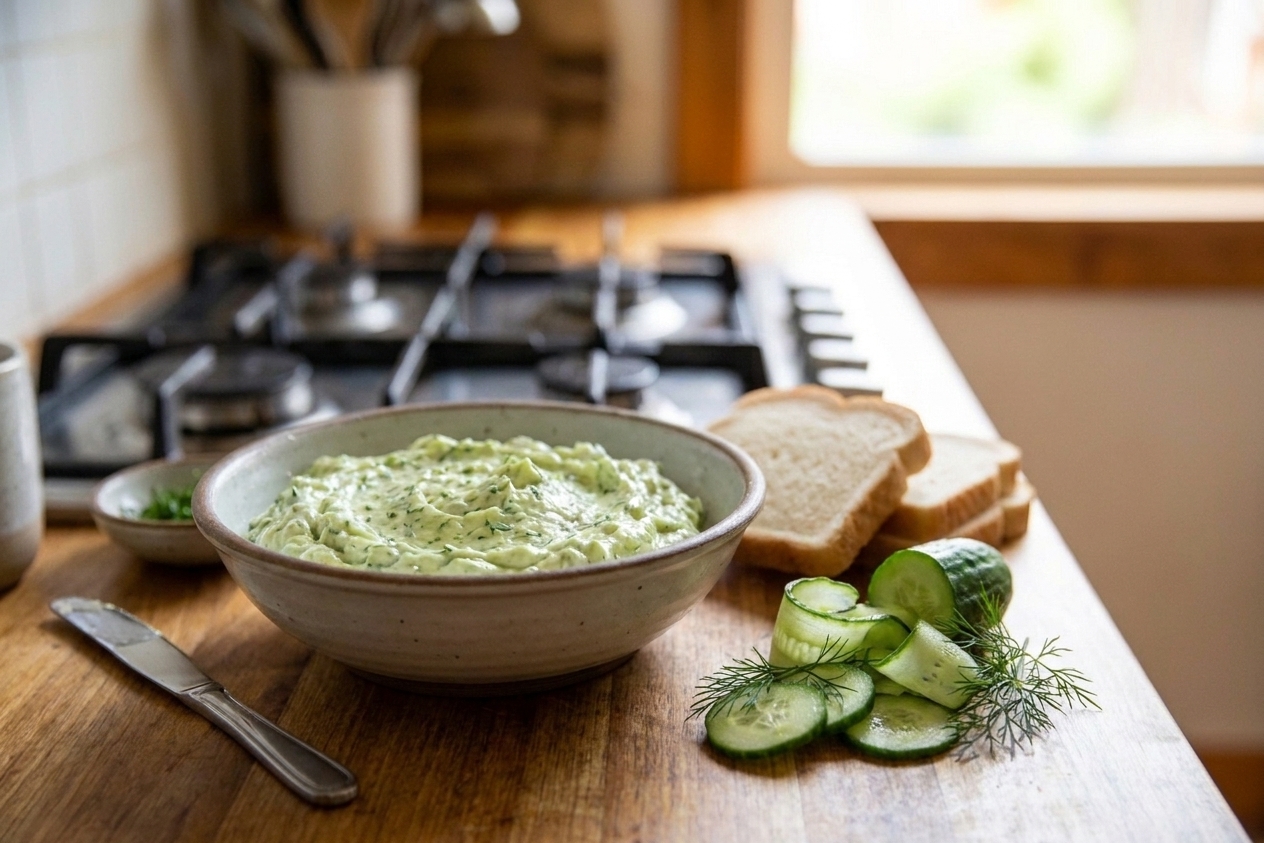 A bowl of pale green Benedictine cucumber cream cheese spread on a wooden counter with sliced cucumbers, sandwich bread, and a butter knife nearby, bright natural kitchen light