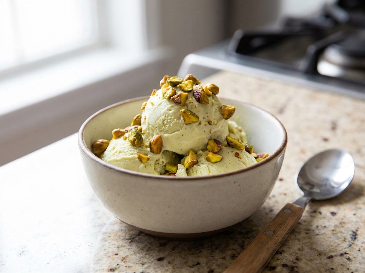 A bowl of pale green pistachio ice cream with chopped roasted pistachios on top, sitting on a light kitchen table with a spoon beside it in natural window light