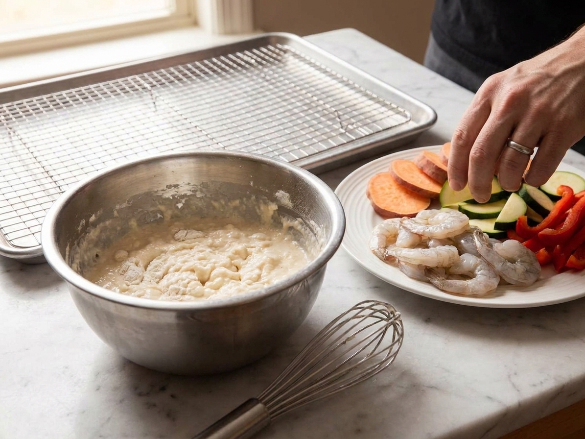 A bowl of pale, lightly mixed tempura batter with a whisk beside it on a bright kitchen counter, with shrimp and sliced vegetables nearby