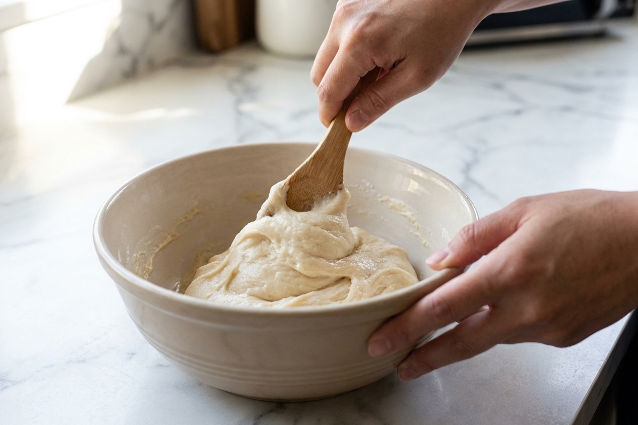 A bowl of pale mochi donut dough being mixed with a spatula on a kitchen counter