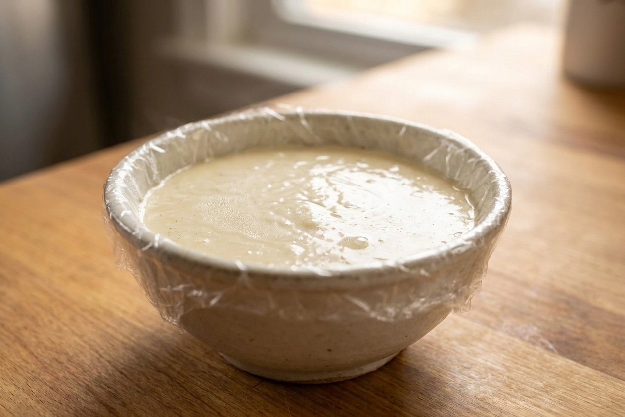 A bowl of pale vanilla custard covered with plastic wrap pressed directly on the surface, sitting on a kitchen counter
