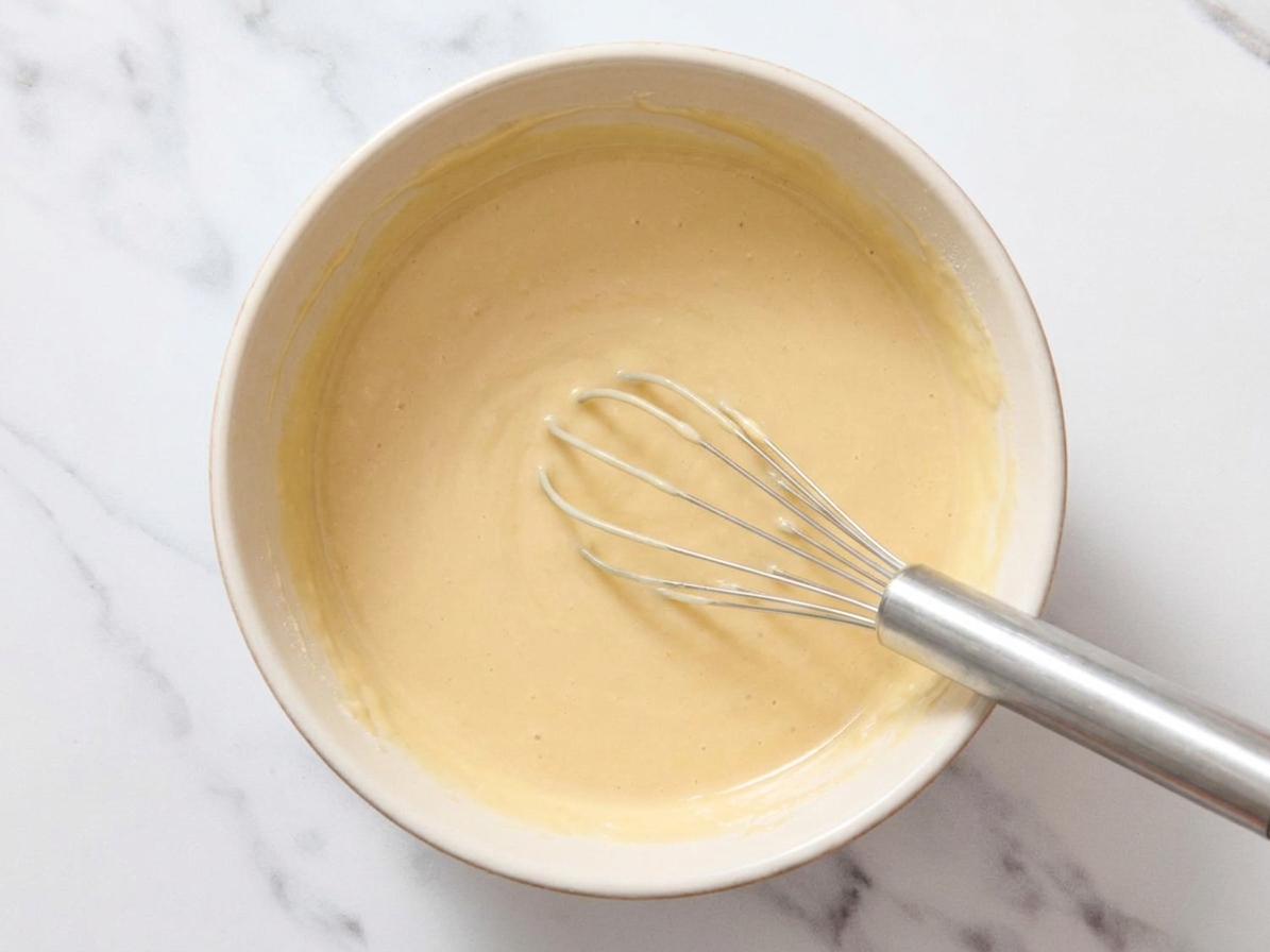 A bowl of pale yellow buttermilk cake batter with a whisk resting inside on a clean kitchen counter