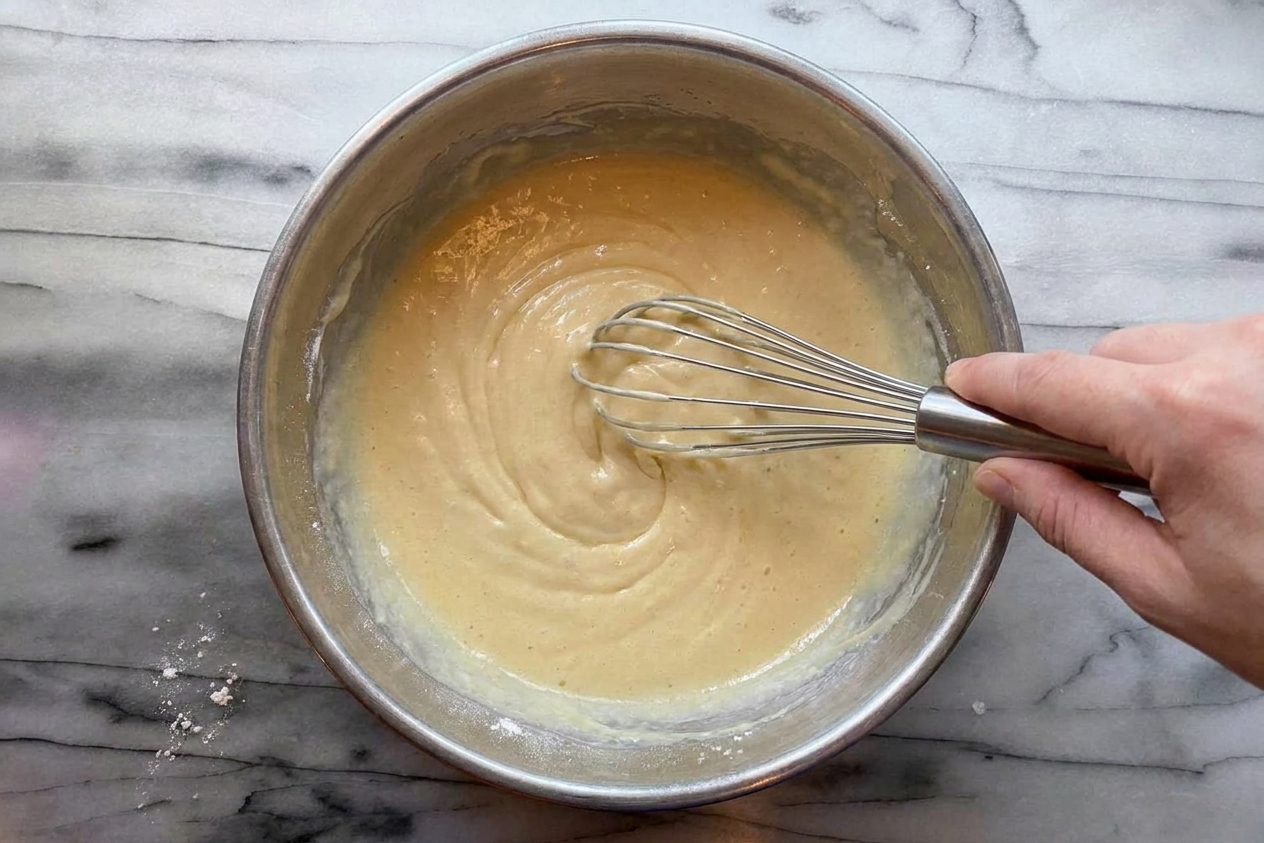 A bowl of pale yellow cake batter being whisked until smooth on a kitchen counter