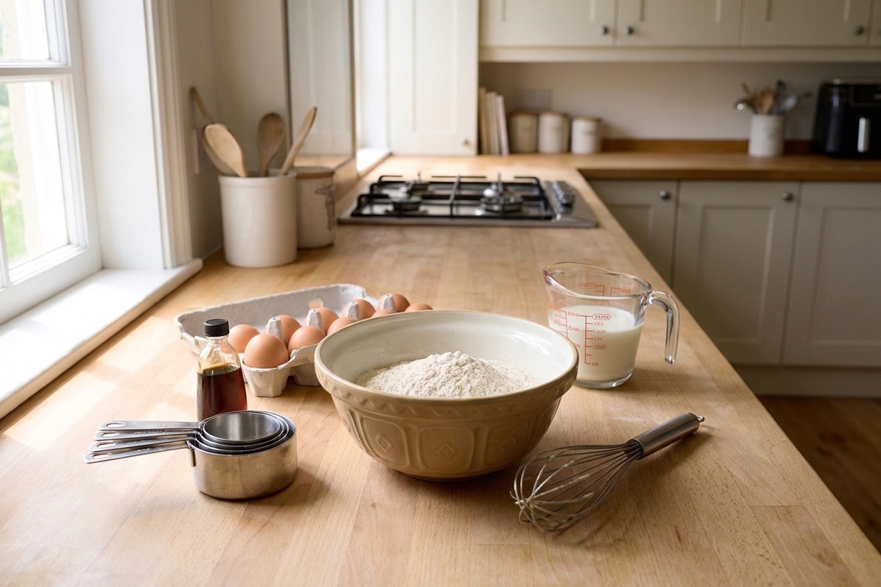 A bowl of pancake mix with eggs, milk, and vanilla on a clean kitchen counter with measuring cups and a whisk