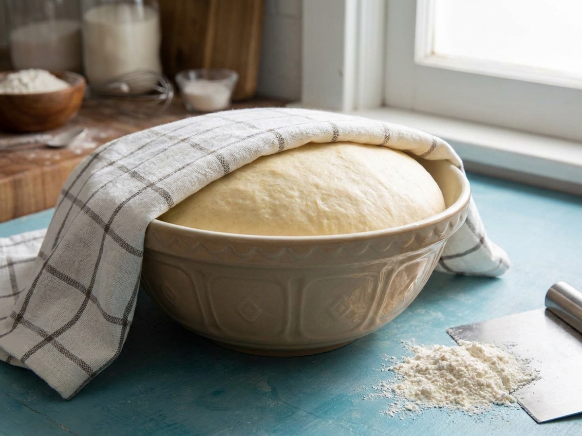 A bowl of pandesal dough covered with a towel, risen and domed on a kitchen counter