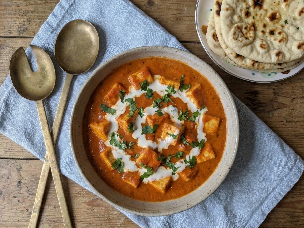 A bowl of paneer butter masala garnished with cilantro served with naan on a simple dinner table