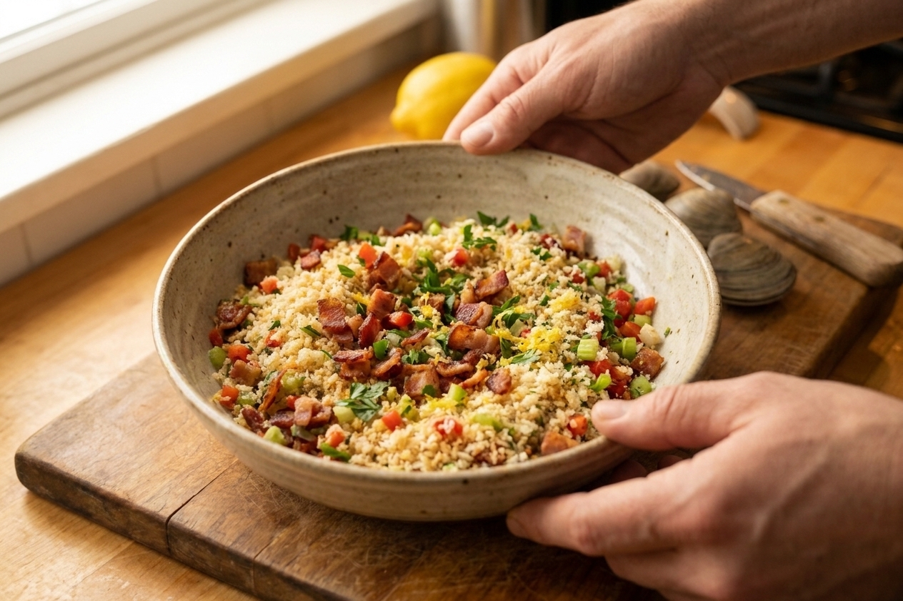 A bowl of panko breadcrumbs mixed with bacon, diced peppers, celery, parsley, and lemon zest on a kitchen counter