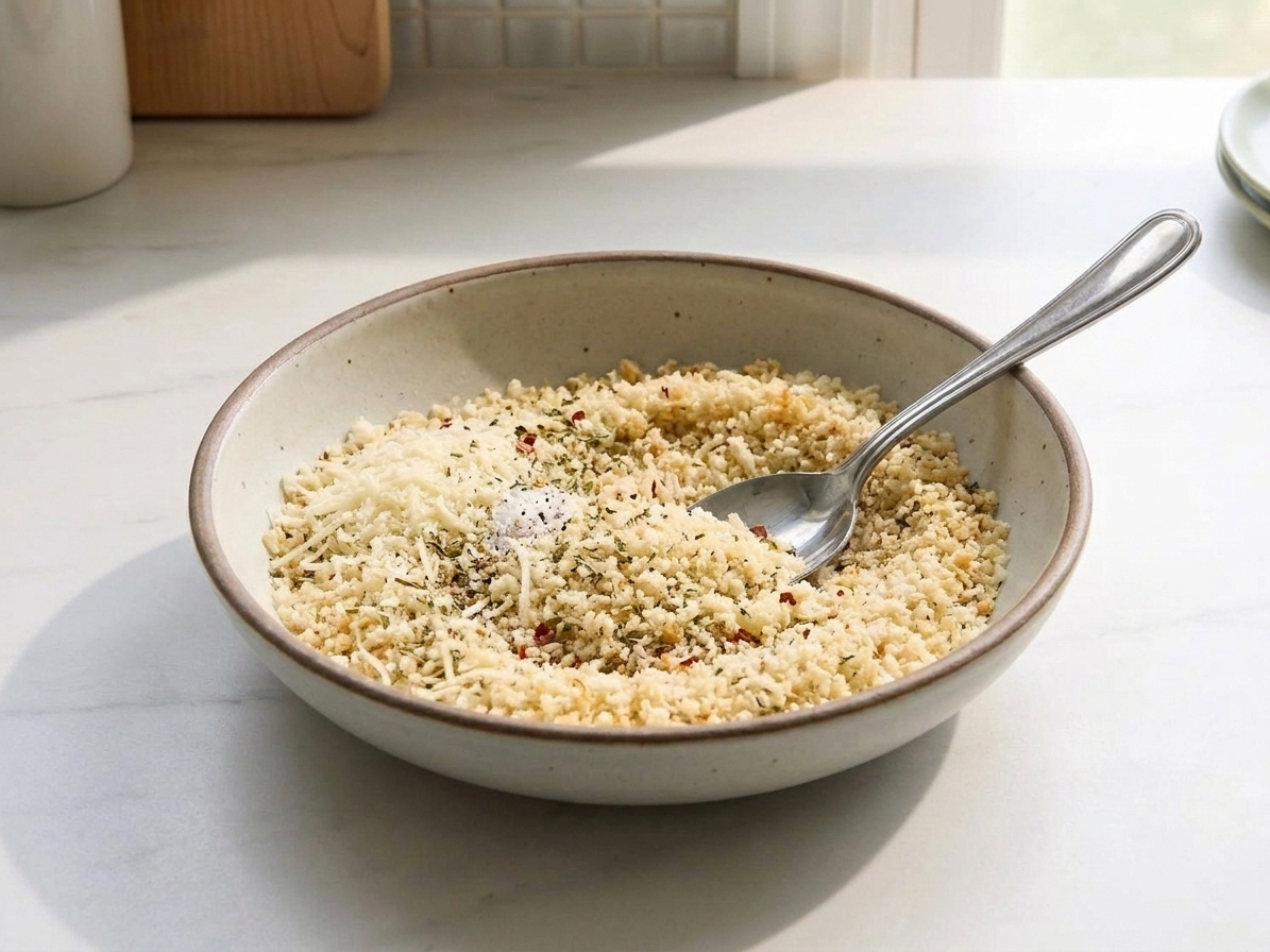 A bowl of panko breadcrumbs mixed with grated parmesan and spices on a kitchen counter with a spoon