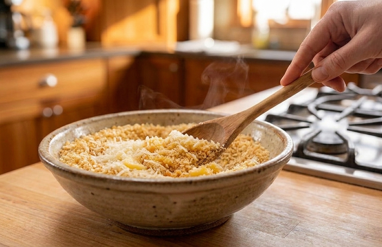 A bowl of panko breadcrumbs mixed with melted butter and parmesan, stirred with a spoon on a kitchen counter