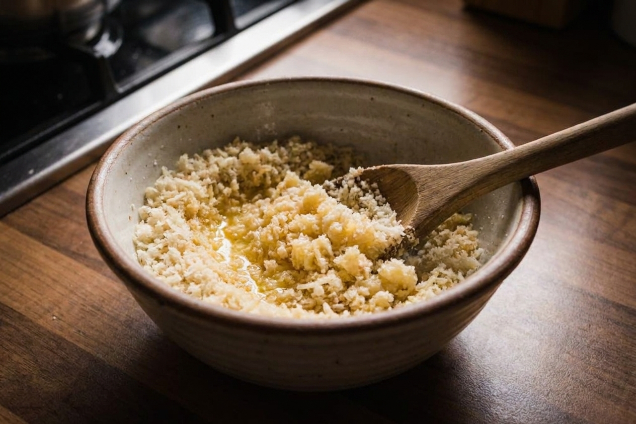 A bowl of panko breadcrumbs mixed with melted butter and Parmesan with a spoon resting inside