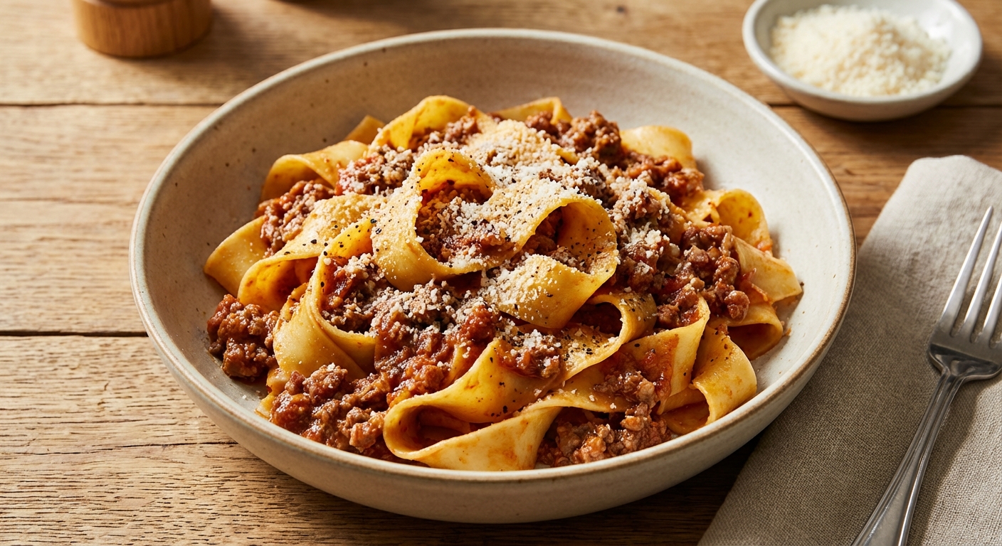 A bowl of pappardelle pasta coated in bolognese sauce with grated parmesan and black pepper