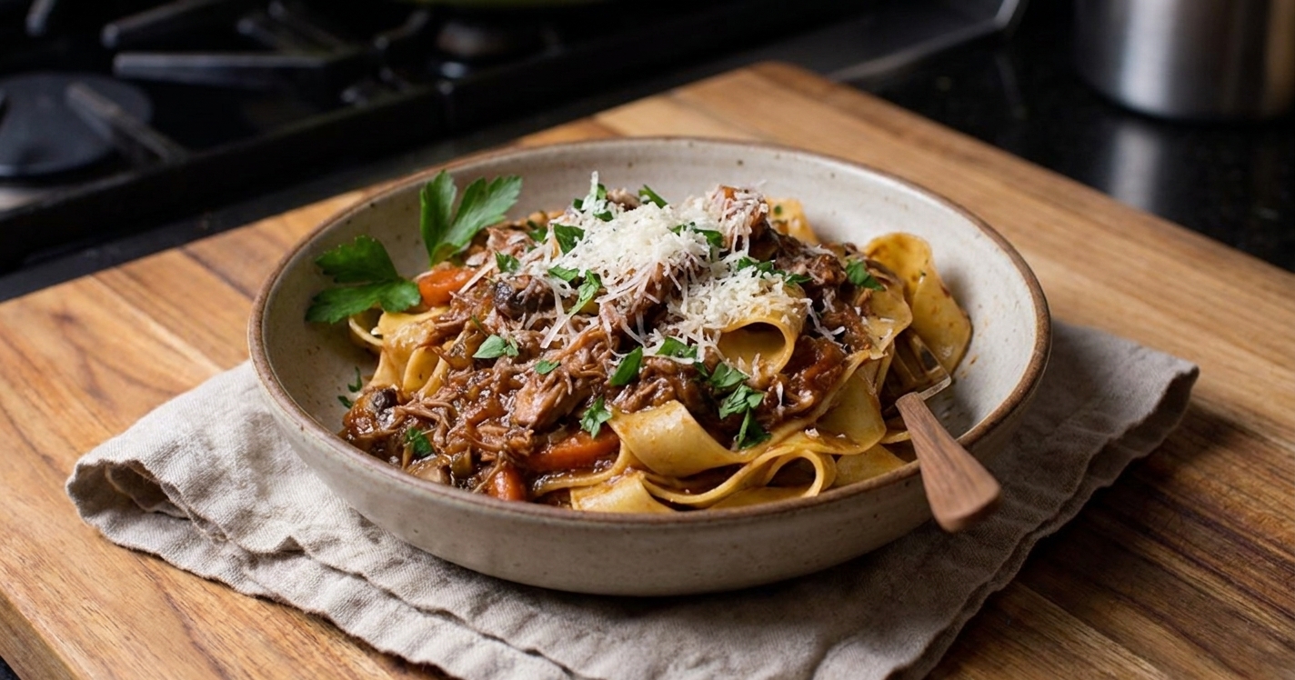 A bowl of pappardelle tossed in rabbit ragu, topped with grated Parmesan and parsley on a rustic wooden table with a linen napkin