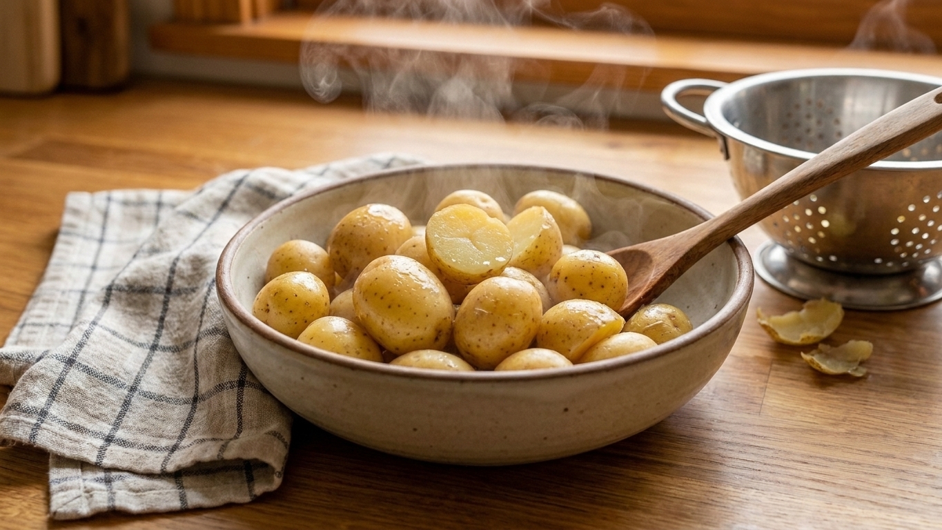 A bowl of par-cooked baby potatoes with steam rising, sitting on a kitchen counter next to a towel and a colander