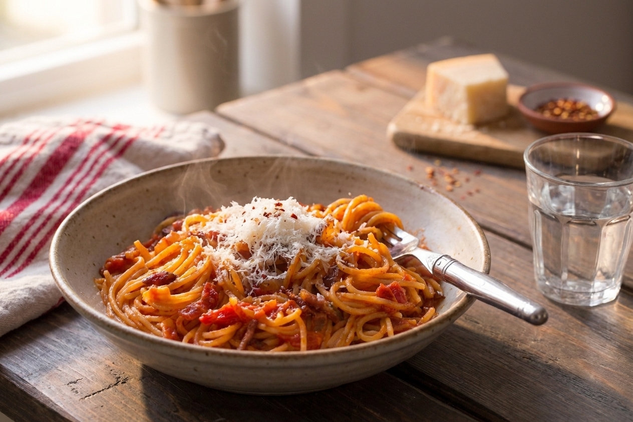 A bowl of pasta all’amatriciana on a simple table setting with a fork, grated Pecorino on top, and a glass of water nearby in soft natural light