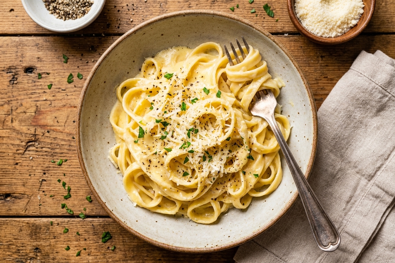 A bowl of pasta coated in creamy sauce, finished with grated Parmesan and cracked black pepper, set on a wooden table with a fork