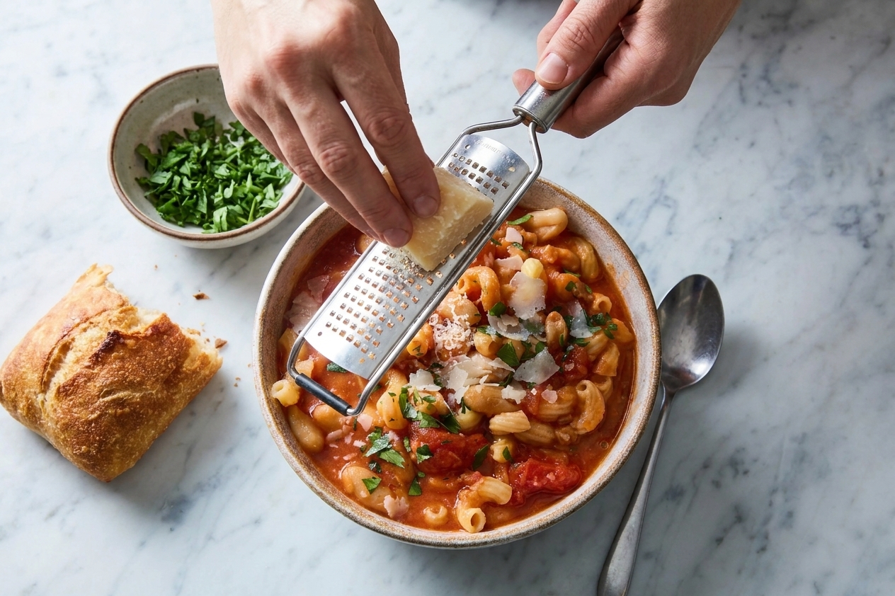 A bowl of pasta e fagioli being topped with freshly grated Parmesan and chopped parsley