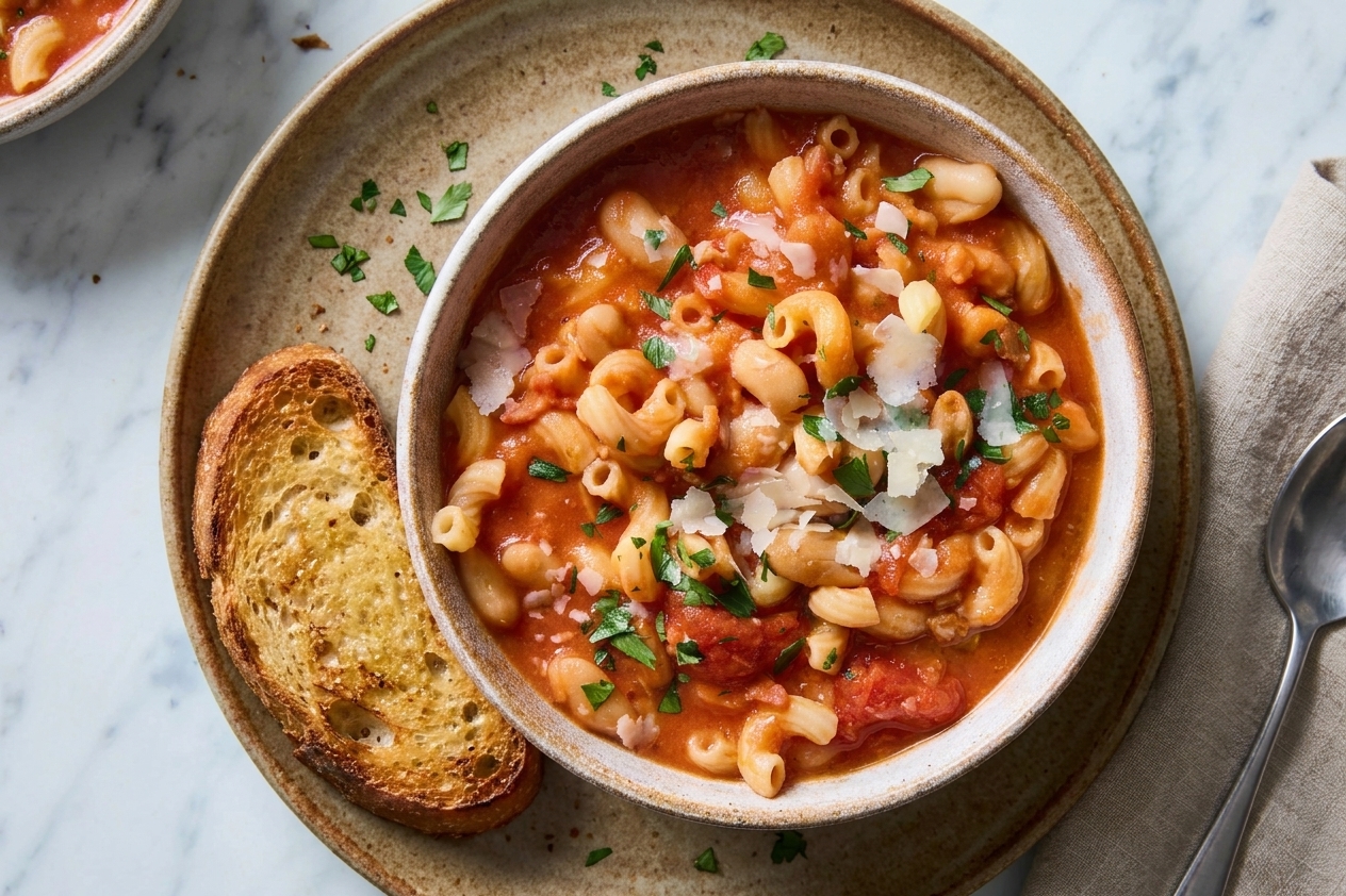 A bowl of pasta e fagioli soup topped with grated Parmesan and chopped parsley, served with a slice of toasted bread on a rustic plate