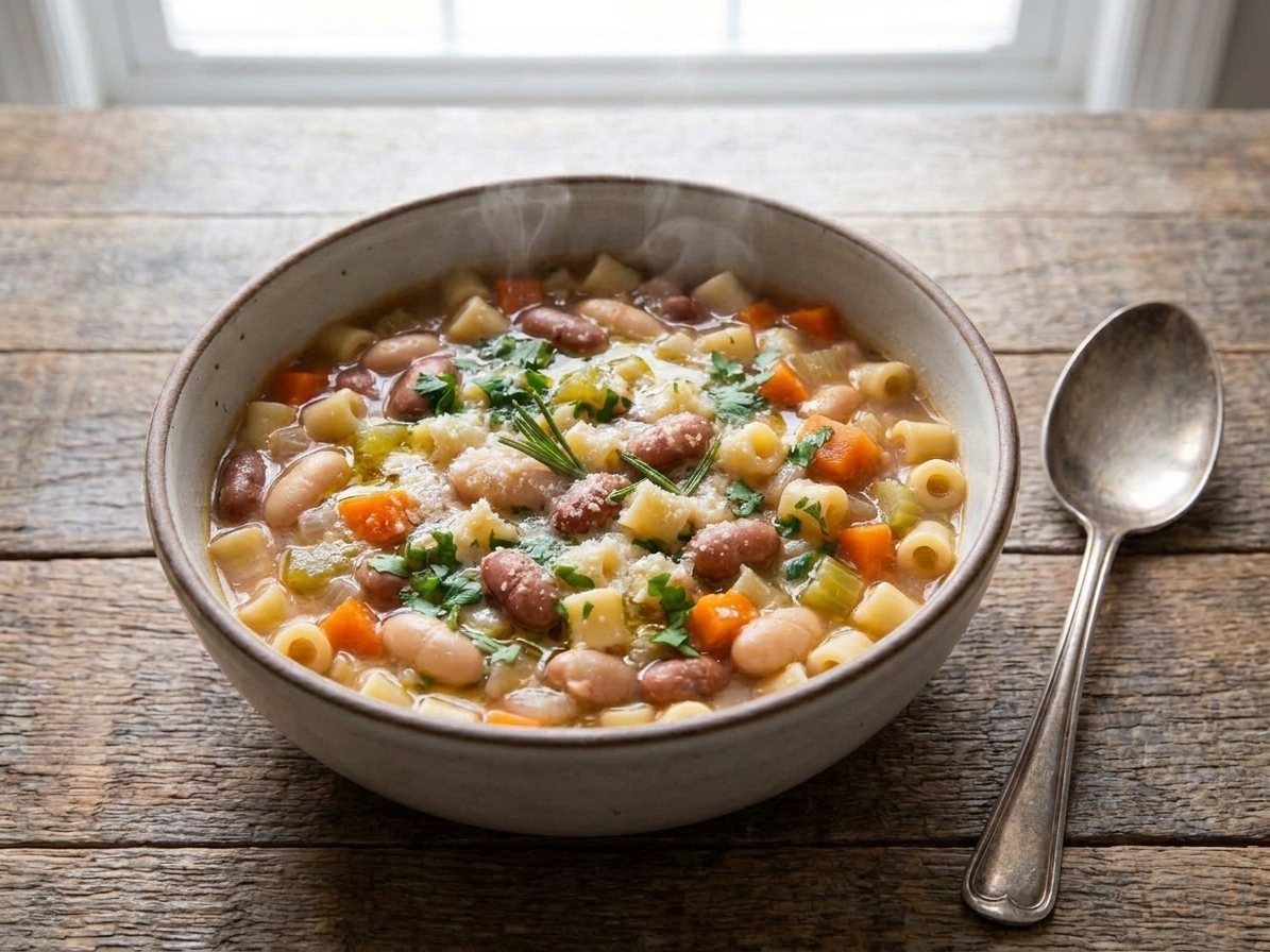 A bowl of pasta e fagioli topped with grated Parmesan and chopped parsley, with a spoon resting on the side