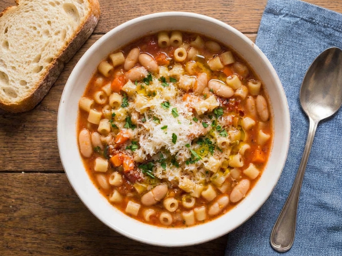 A bowl of pasta e fagioli topped with grated Parmesan and chopped parsley, with a slice of crusty bread on the side