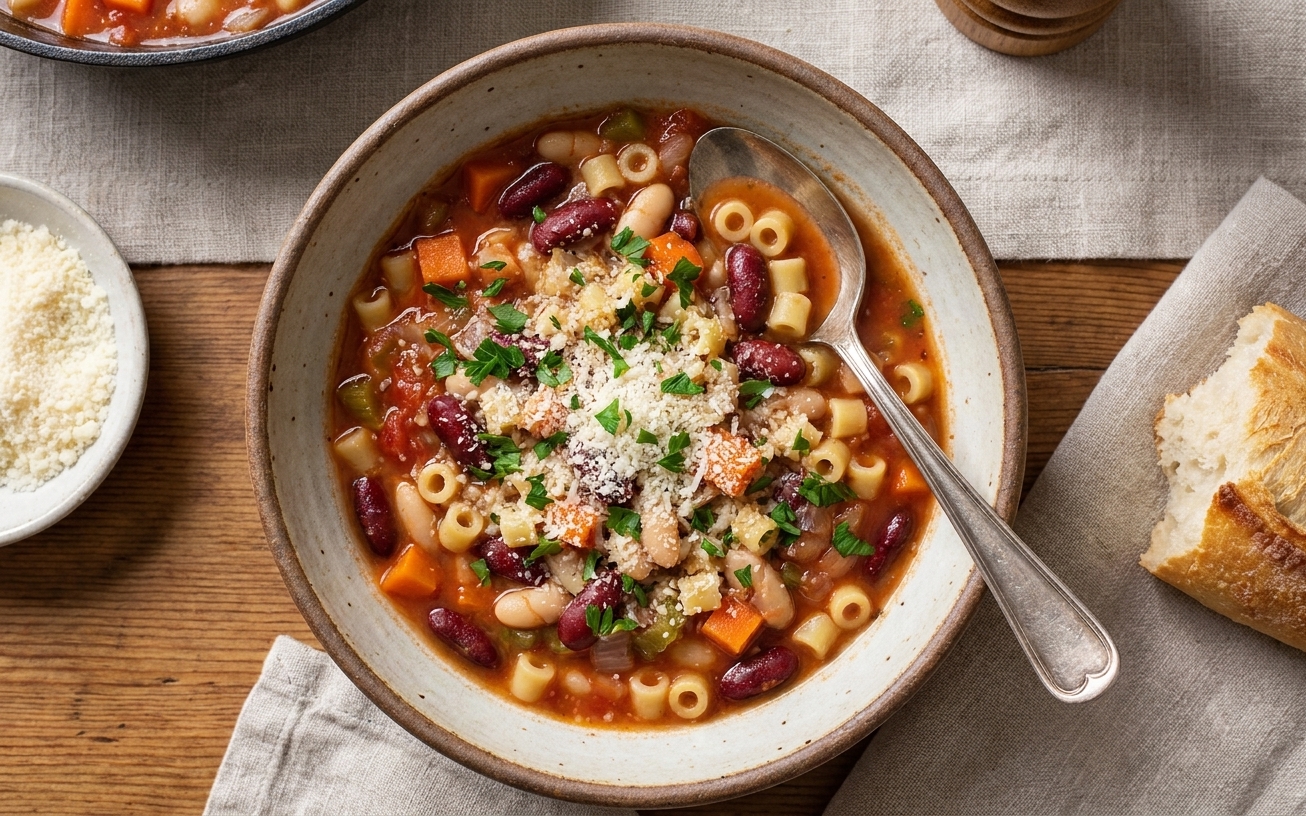 A bowl of pasta fagioli soup topped with grated Parmesan and chopped parsley on a cozy dinner table with a spoon