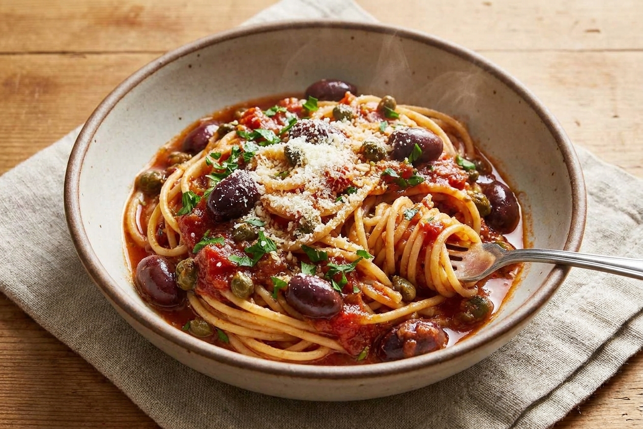 A bowl of pasta puttanesca with a glossy tomato sauce, Kalamata olives, capers, parsley, and grated cheese on a neutral linen napkin at a wooden table, warm kitchen lighting