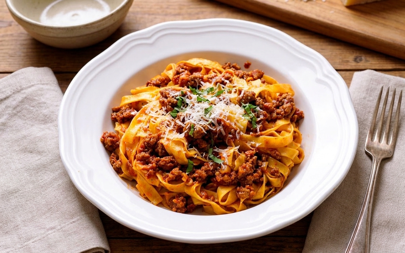 A bowl of pasta topped with bolognese and grated Parmesan on a dinner table with a fork and a simple linen napkin