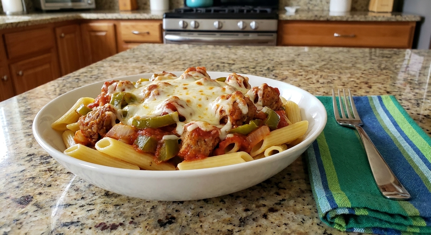 A bowl of pasta topped with sausage, green peppers, and tomato sauce with melted mozzarella, set on a dinner table with a fork and napkin