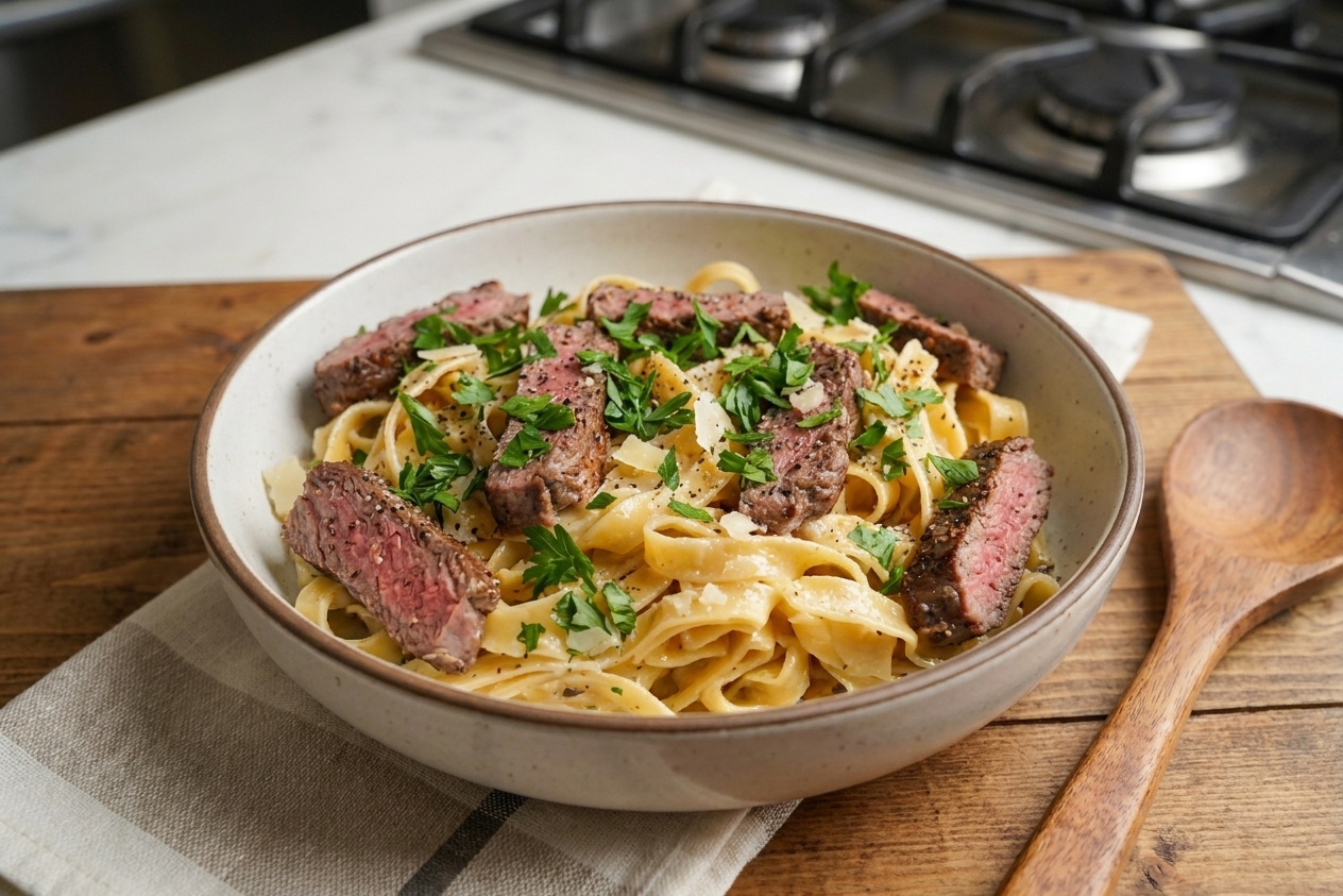 A bowl of pasta tossed in a glossy garlic butter sauce, topped with sliced medium-rare steak, shaved Parmesan, and chopped parsley on a warm kitchen table