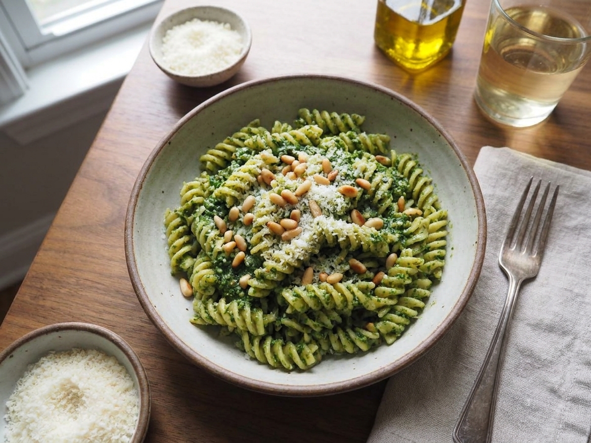 A bowl of pasta tossed with bright green pesto, topped with grated Parmesan and toasted pine nuts on a dinner table
