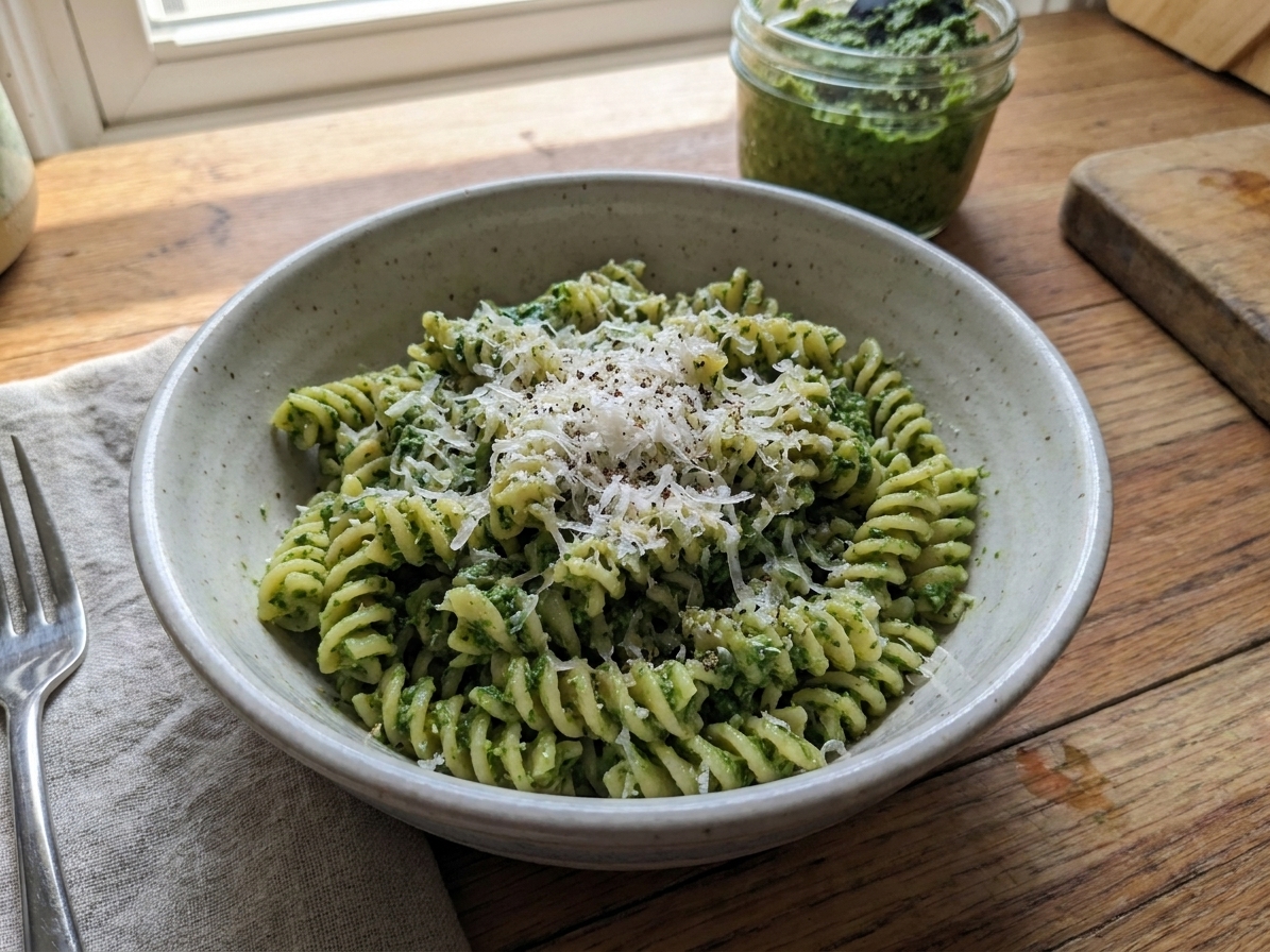 A bowl of pasta tossed with carrot top pesto on a dinner table, topped with extra grated Parmesan and cracked black pepper