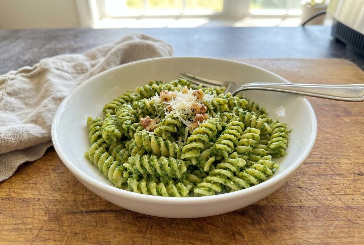 A bowl of pasta tossed with garlic scape pesto on a simple dining table setting, with a fork resting on the rim