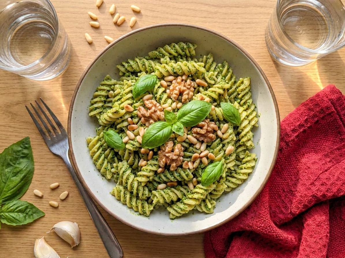 A bowl of pasta tossed with vegan pesto topped with toasted nuts and fresh basil on a simple dinner table setting in warm natural light