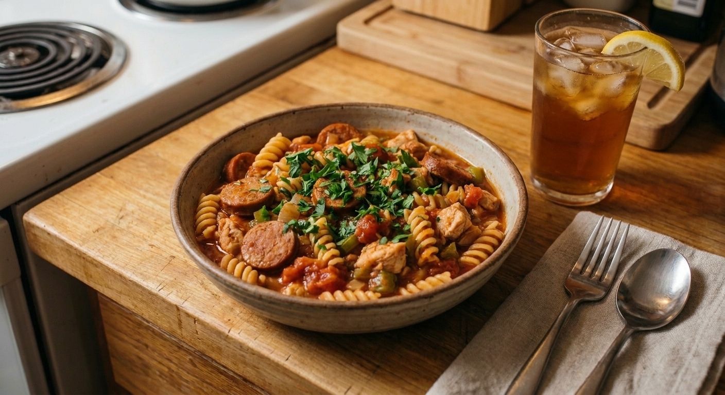 A bowl of pastalaya topped with chopped parsley on a wooden table with simple dinnerware and a glass of iced tea