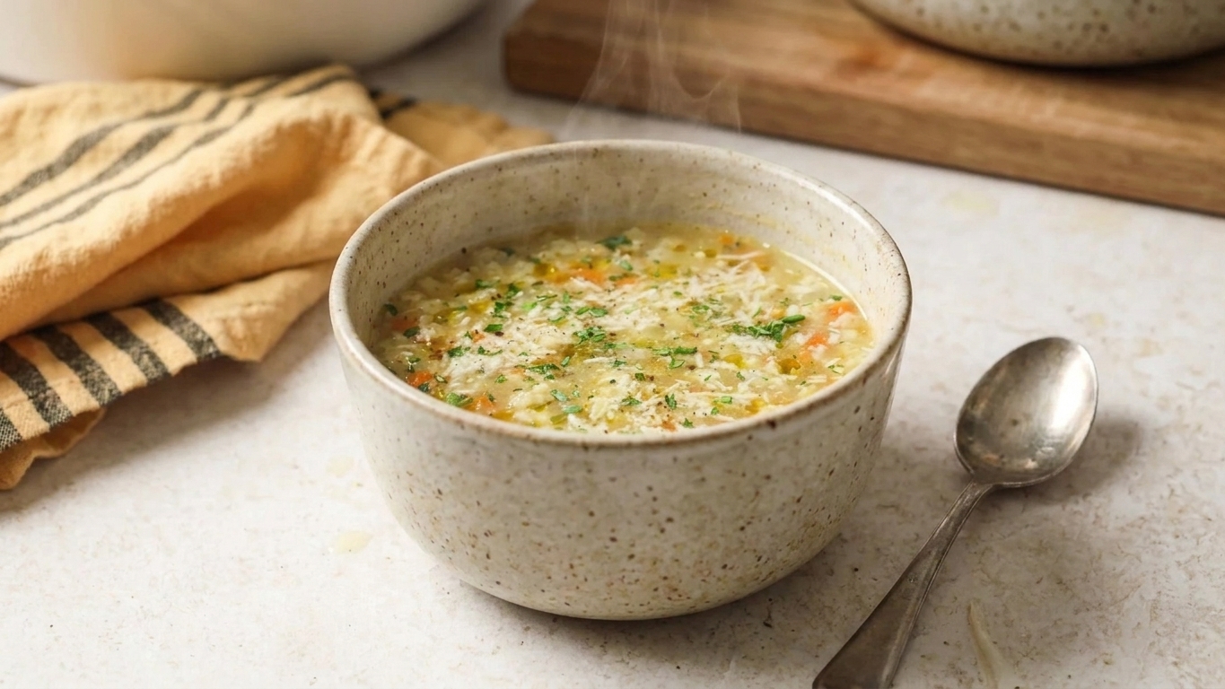 A bowl of pastina soup with steam rising, topped with grated Parmesan and chopped parsley, with a spoon on the side