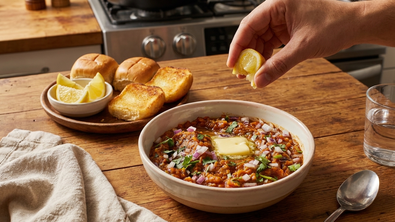 A bowl of pav bhaji topped with butter, onions, and cilantro on a dinner table with toasted rolls and lemon wedges beside it