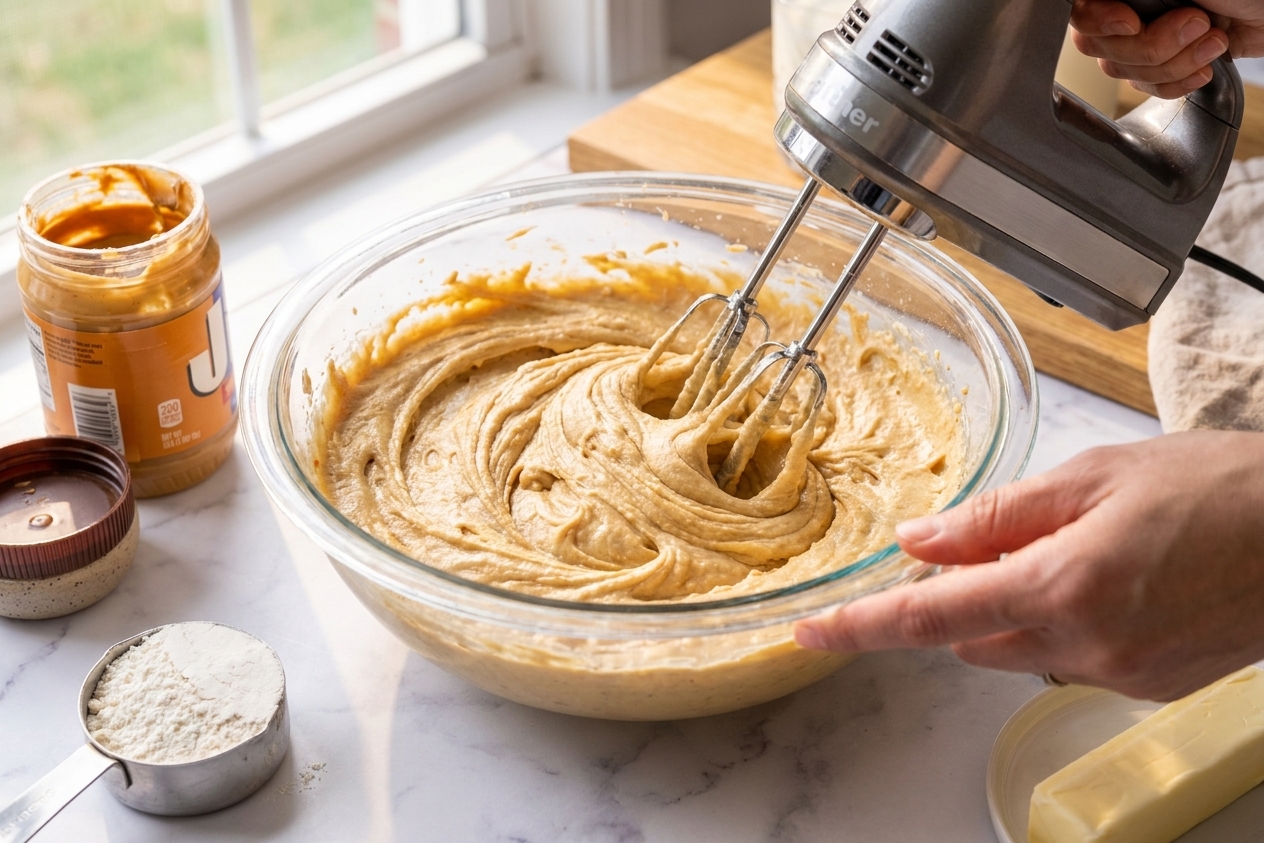 A bowl of peanut butter cake batter being mixed with a hand mixer on a kitchen counter, showing a thick, creamy batter texture